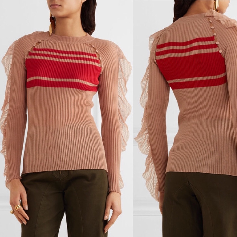 Self-Portrait Red and Tan Crew Neck Sweater